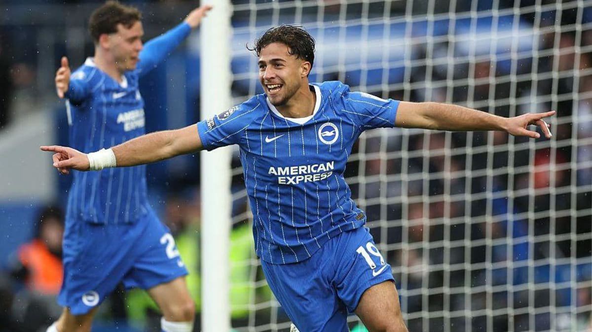 Brighton's Charalampos Kostoulas celebrates scoring his side's fourth goal during the Premier League match against Crystal Palace