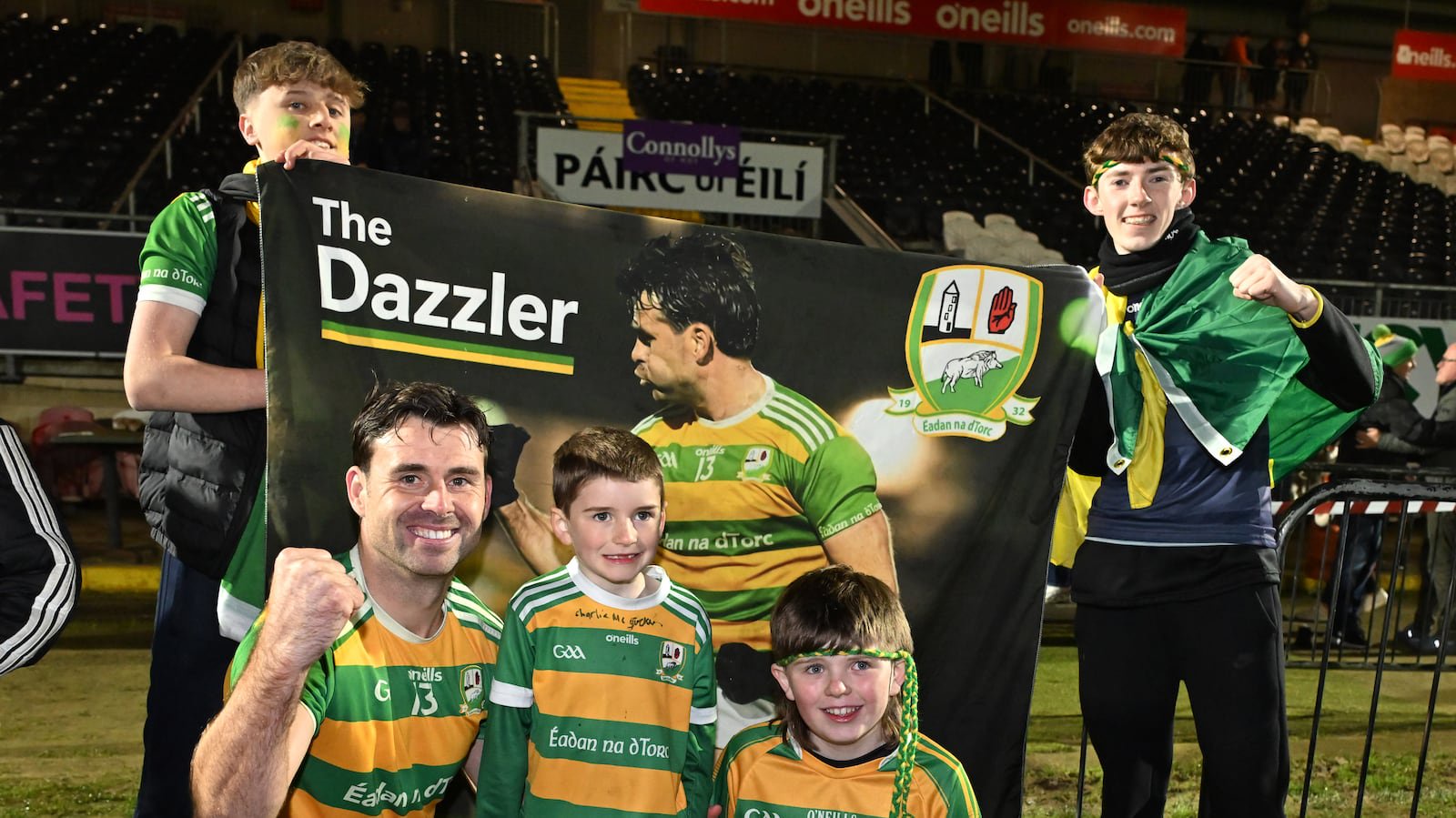 Edendork star Darren McCurry (left) celebrates after the Tyrone SFC Championship  final replay victory.