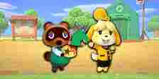 Tom Nook holding a bag of Bells and Isabelle throwing the iconic Animal Crossing leaf behind her, they are standing on the starter campsite-1