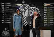 Alexander Isak meets Newcastle United Legend Alan Shearer at the Newcastle United Training Ground on January 11, 2024 in Newcastle upon Tyne, England.