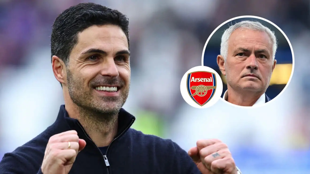 Arsenal manager Mikel Arteta, Arsenal badge and Real Madrid manager Jose Mourinho - copyright F365