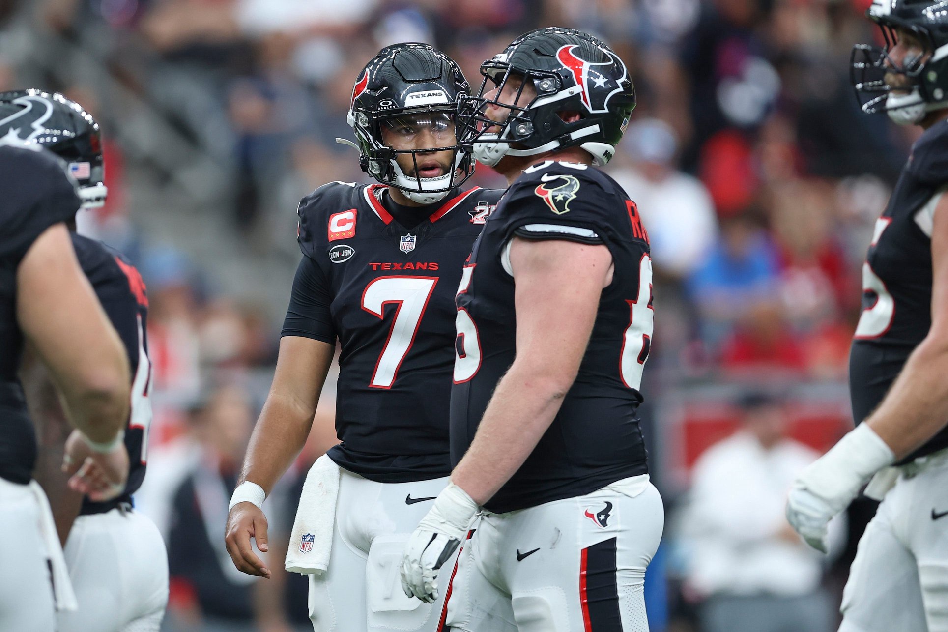 Sep 20, 2026; Houston, Texas, USA; Houston Texans quarterback C.J. Stroud (7) talks with guard Keylan Rutledge (66) during the game against the Cincinnati Bengals at Reliant Stadium. Mandatory Credit: Troy Taormina-Imagn Images