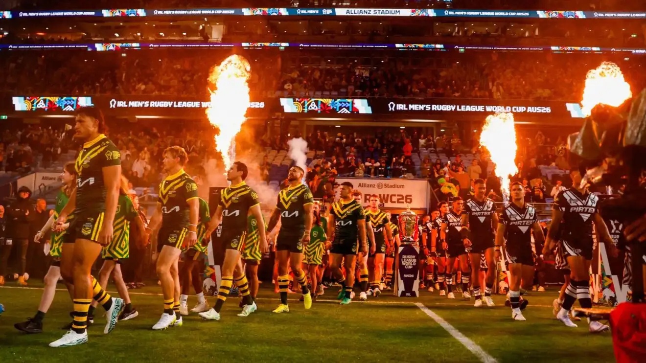 Australia and New Zealand walk out at a sold-out Allianz Stadium ahead of the opening game of the 2026 Rugby League World Cup