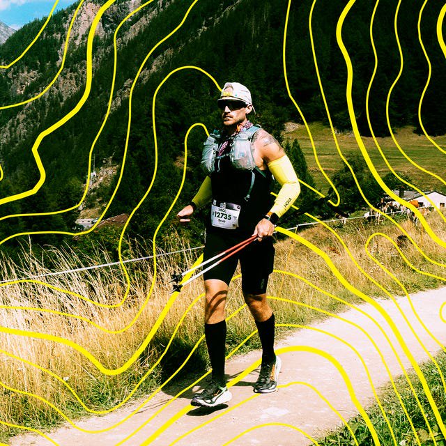 A runner navigating a scenic trail with vibrant graphics overlaying the landscape.