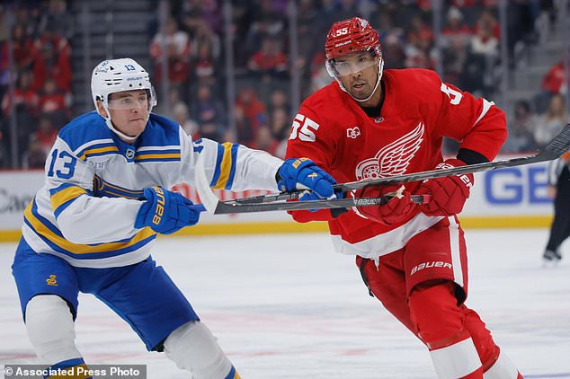 Detroit Red Wings right wing Keegan Kolesar (55) skates against St. Louis Blues right wing Alexey Toropchenko (13) during the first period of an NHL hockey game Saturday, Oct. 31, 2026, in Detroit. (AP Photo/Duane Burleson)