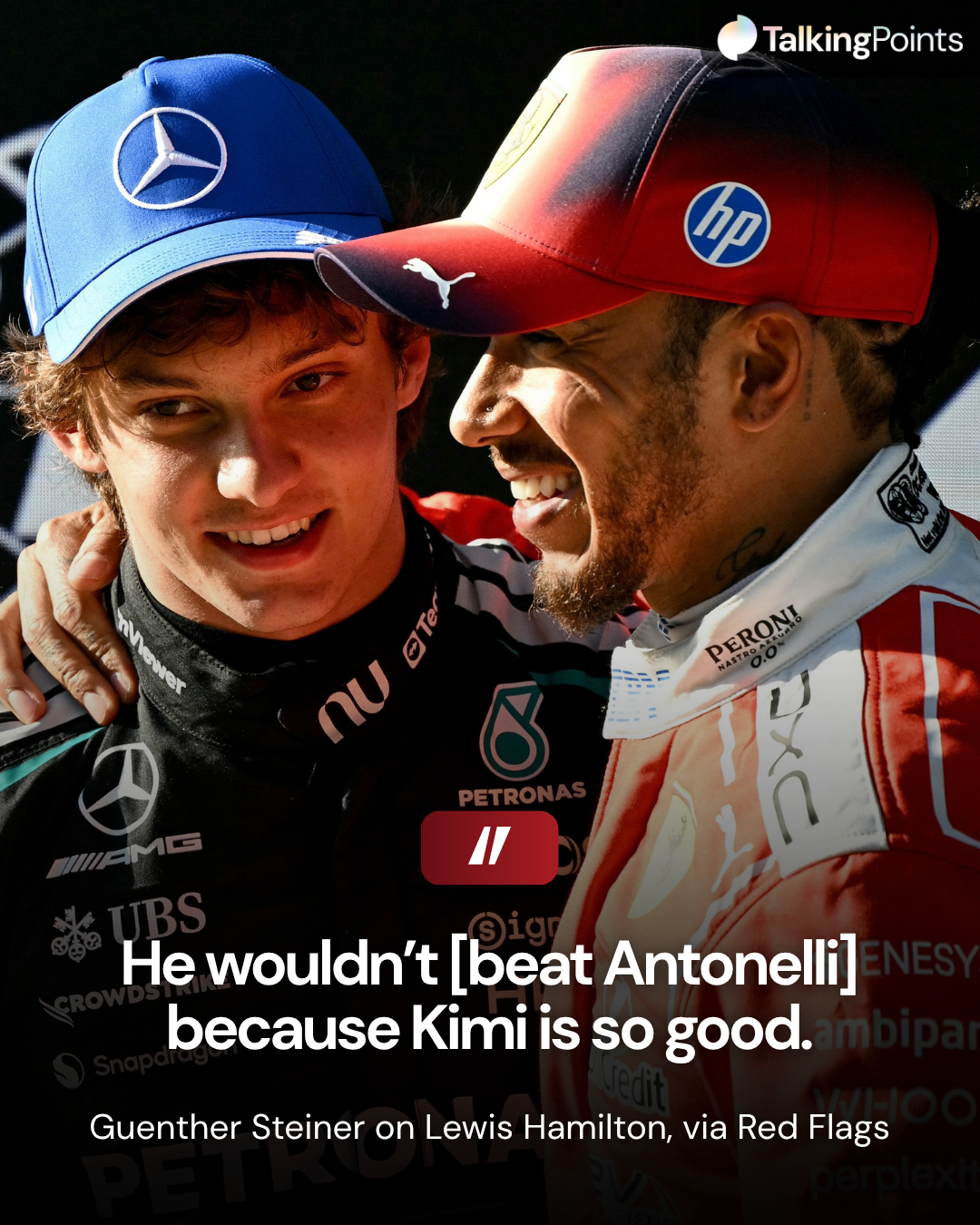 Lewis Hamilton of Ferrari embraces Kimi Antonelli of Mercedes