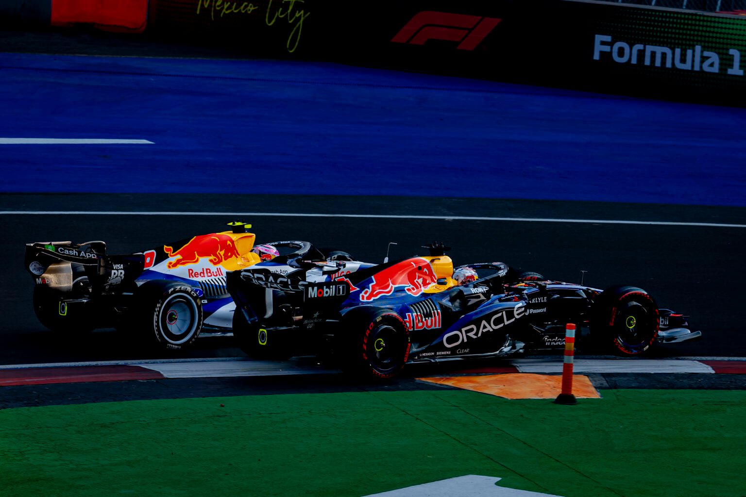 Red Bull driver Max Verstappen crashes into Racing Bulls' Liam Lawson during FP2 at the 2026 F1 Mexico City Grand Prix