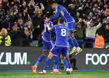 Leicester City's Wilfred Ndidi celebrates scoring his side's second goal with team-mate Stephy Mavididi, Harry Winks and James Justin  during the S...