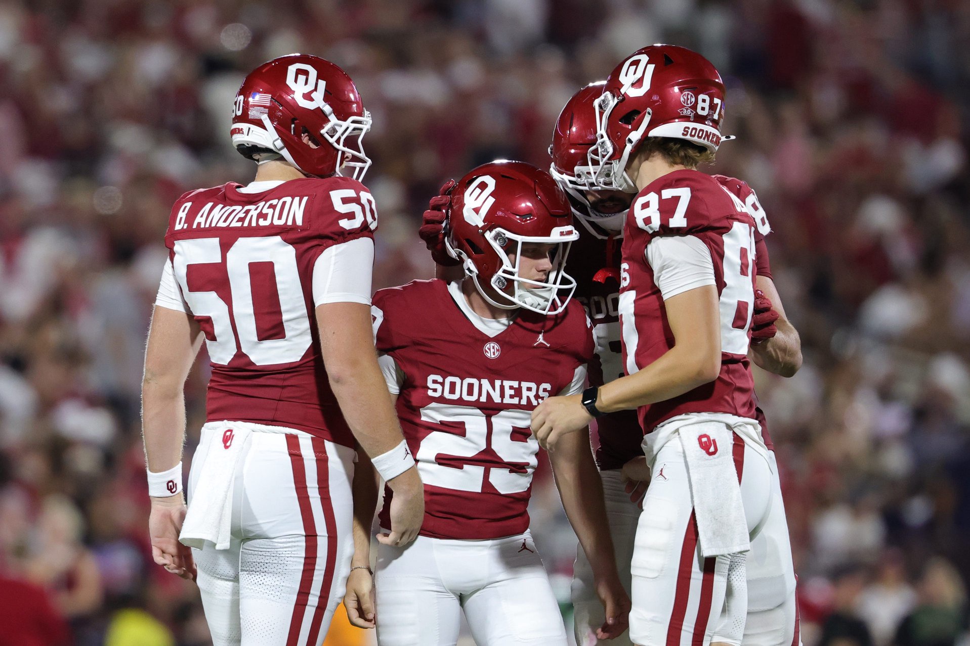 Sep 4, 2026; Norman, Oklahoma, USA;  Oklahoma Sooners kicker Tate Sandell (29) celebrates after making a field goal during the second quarter against the Texas El Paso Miners at Gaylord Family-Oklahoma Memorial Stadium.  Mandatory Credit: Kevin Jairaj-Imagn Images