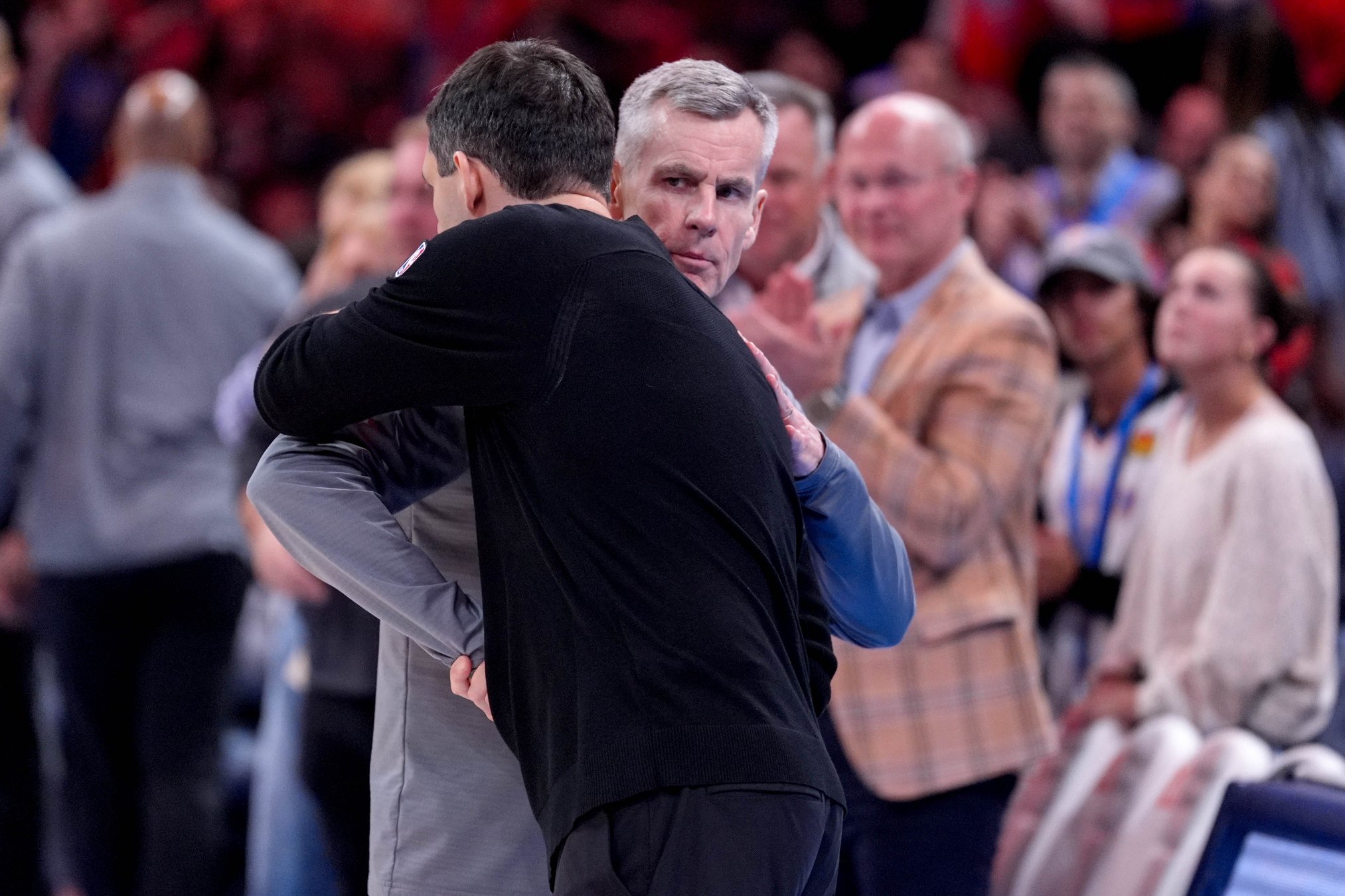 Oklahoma City head coach Mark Daigneault and Chicago head coach Billy Donovan hug after an NBA game between the Oklahoma City Thunder and the Chicago Bulls at Paycom Center in Oklahoma City on Monday, March 31, 2025.