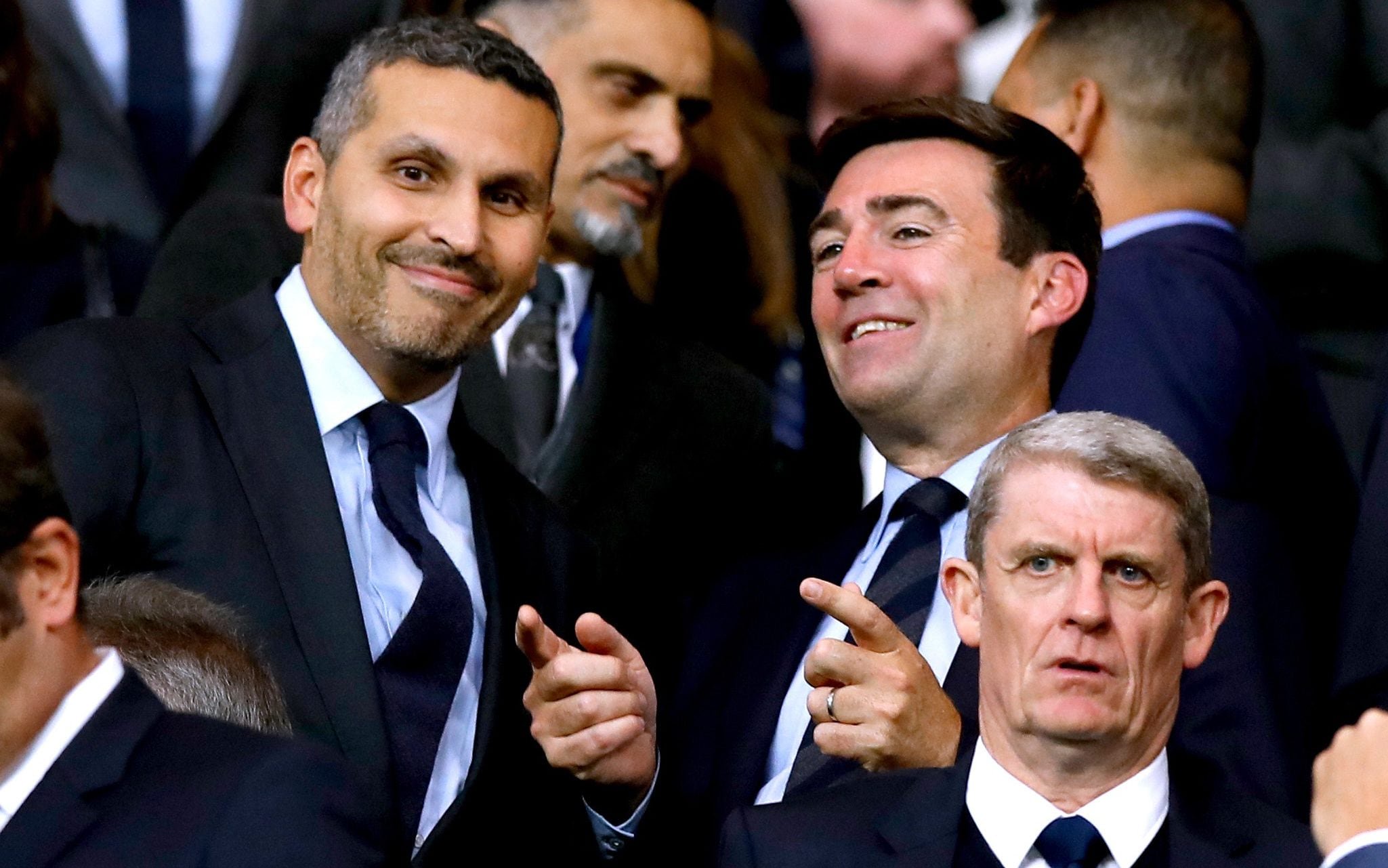 Andy Burnham with Khaldoon Al Mubarak (left), the chairman of Manchester City, at the Etihad stadium in Manchester in 2019
