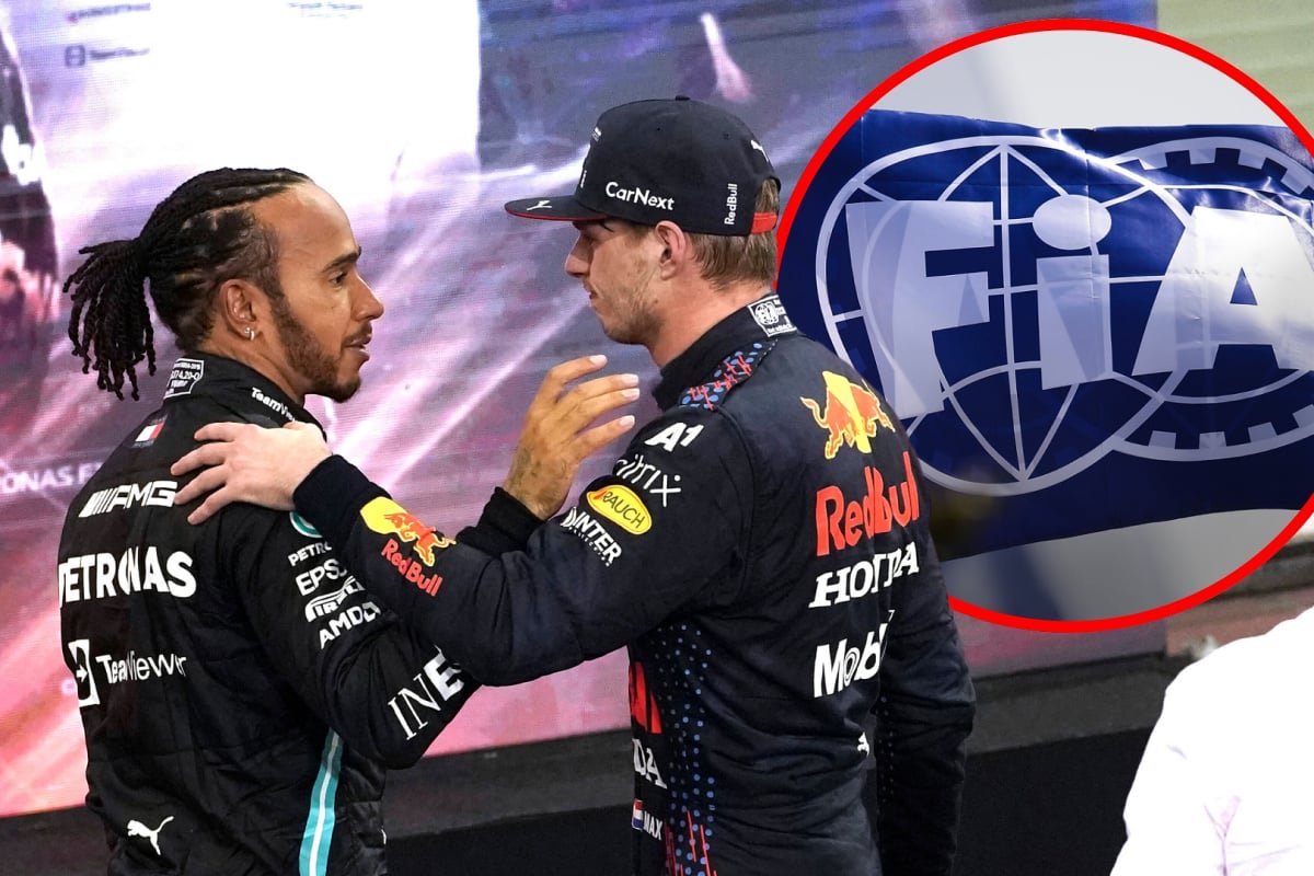 Max Verstappen consoles Lewis Hamilton at the Abu Dhabi 2021 GP with an inset of an FIA logo — Photo: © IMAGO