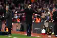 Unai Emery, Manager of Aston Villa, reacts as Match Referee Anthony Taylor disallows the first goal scored by Leon Bailey of Aston Villa after chec...
