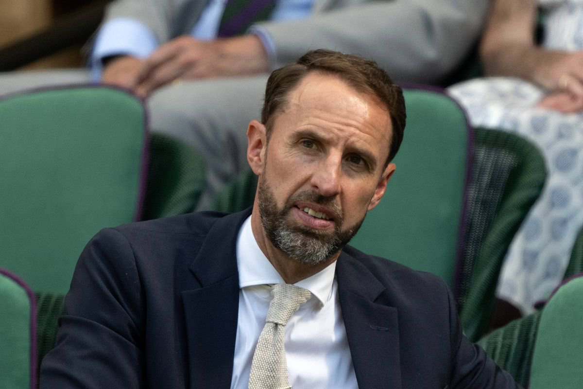 Former England international football team manager Sir Gareth Southgate watches on during the Gentlemen's Singles first round match between Fabio Fognini of Italy and Carlos Alcaraz of Spain on day one of The Championships Wimbledon