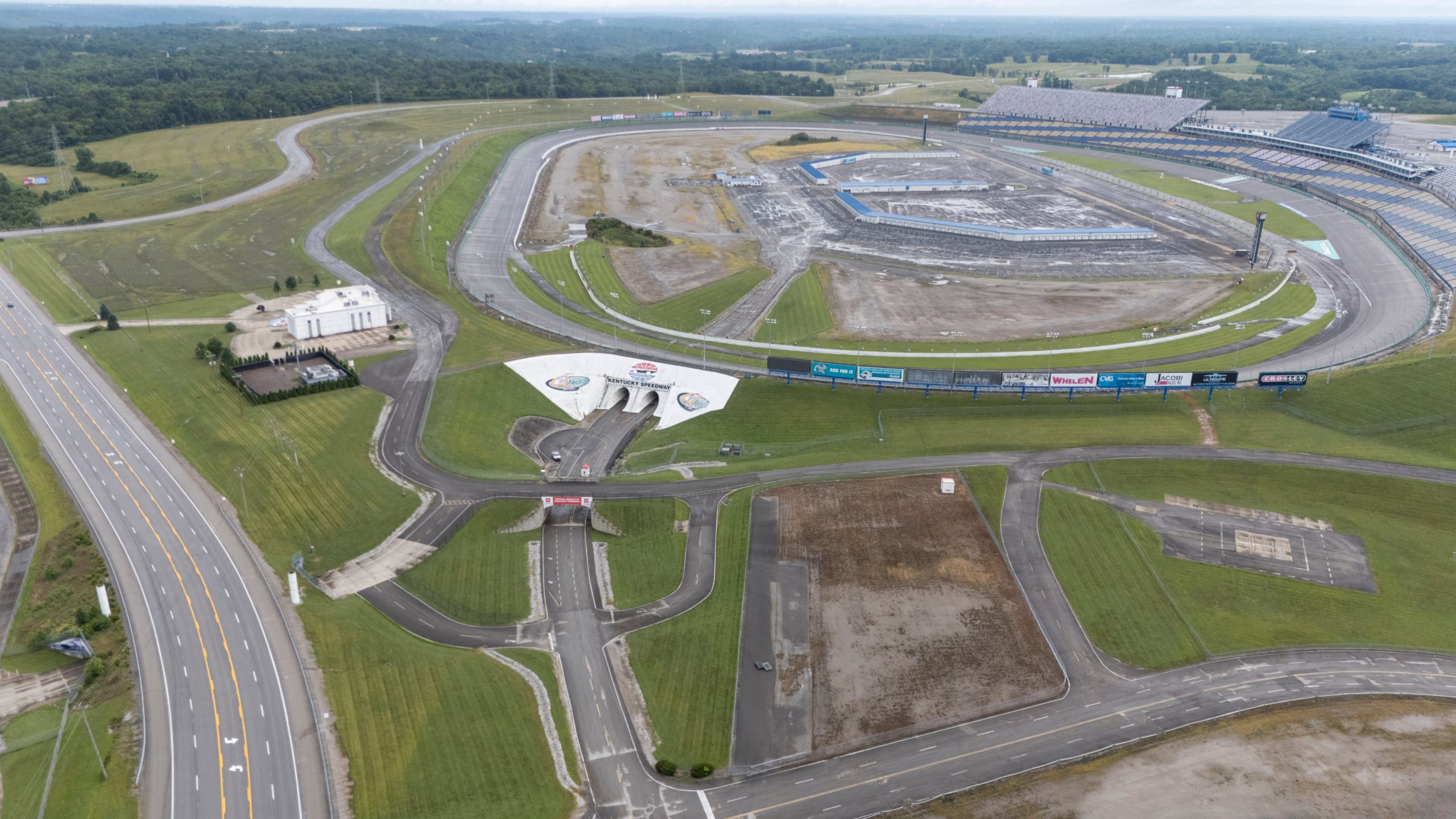 An aerial view of the the Kentucky Speedway and surrounding area in Sparta, Kentucky, on Friday, June 26, 2026.