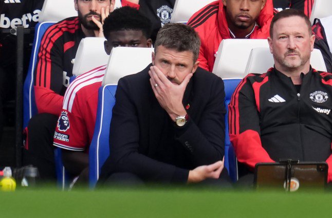 Manchester United manager Michael Carrick during the Premier League match at Stamford Bridge, London. Picture date: Saturday October 31, 2026. PA Photo. Photo credit should read: Adam Davy/Press Association. RESTRICTIONS: EDITORIAL USE ONLY No use with unauthorised audio, video, data, fixture lists, club/league logos or "live" services. Online in-match use limited to 120 images, no video emulation. No use in betting, games or single club/league/player publications.