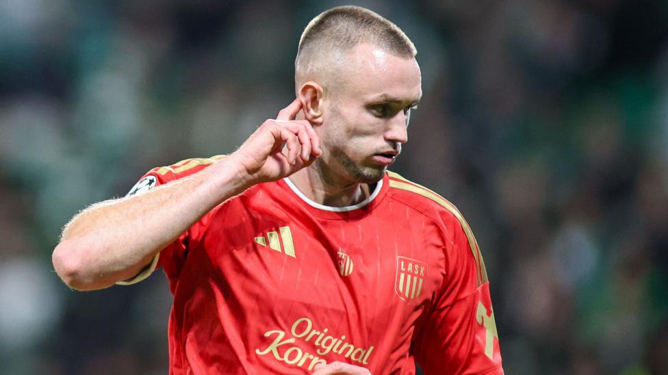 Sasa Kalajdzic of LASK celebrates scoring against Sporting Lisbon in the Champions League