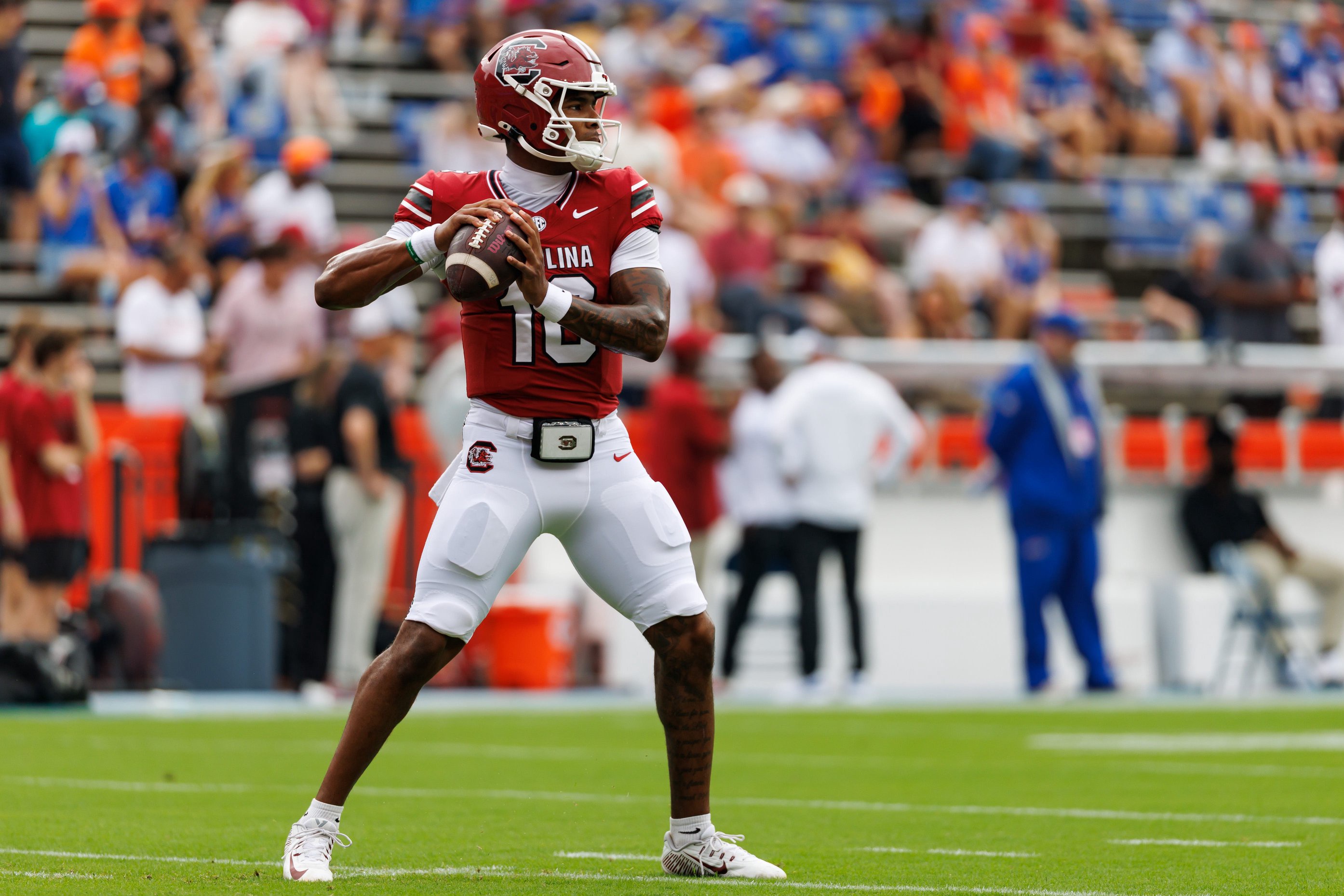 Oct 10, 2026; Gainesville, Florida, USA;  South Carolina Gamecocks quarterback LaNorris Sellers (16) throws the ball before a game against the Florida Gators at Ben Hill Griffin Stadium.  Mandatory Credit: Matt Pendleton-Imagn Images