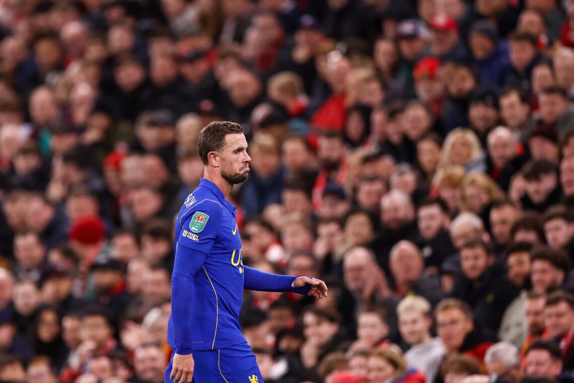 Jordan Henderson reacts during Chelsea's Carabao Cup fourth round match against Liverpool at Anfield