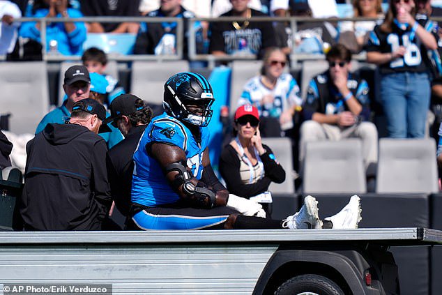 Carolina Panthers right tackle Taylor Moton was carted off the field during Sunday's loss to the Tampa Bay Buccaneers just weeks after making a remarkable return from blood clots
