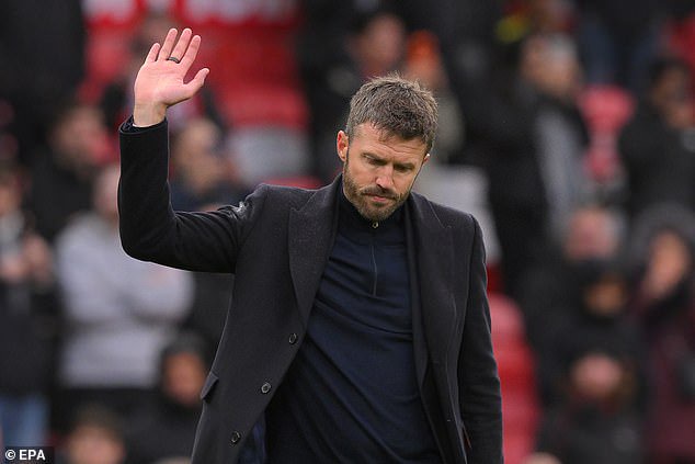Michael Carrick acknowledges United fans at Old Trafford after the final whistle - but insisted it was not a wave goodbye and he does not know whether he will keep his job