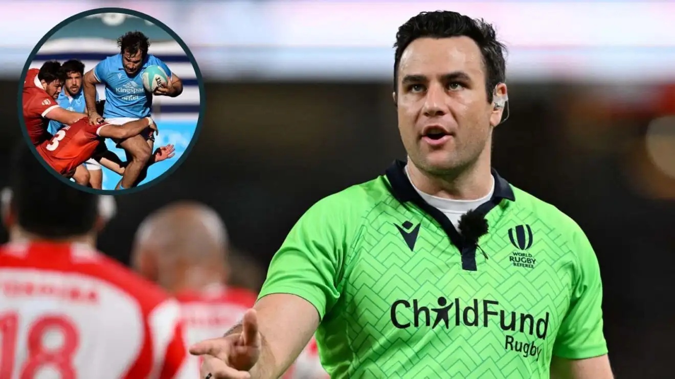 Referee Ben O'Keeffe and an inset of Manuel Ardao of Uruguay is tackled by Davit Niniashvili of Georgia during a World Rugby Nations Cup (Photo by Guillermo Legaria/World Rugby via Getty Images)