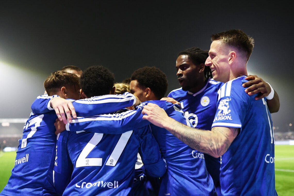 Will Alves of Leicester City celebrates scoring his team’s first goal with teammates during the Sky Bet League One 2026/27 match between Bromley and Leicester City