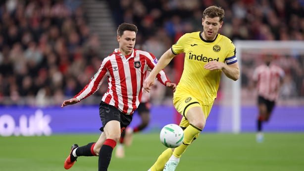 Timur Tutierov of Sunderland is challenged by Nathan Collins of Brentford during the Carabao Cup Fourth Round match between Sunderland and Brentford at Stadium of Light on October 28, 2026 in Sunderland, England. 