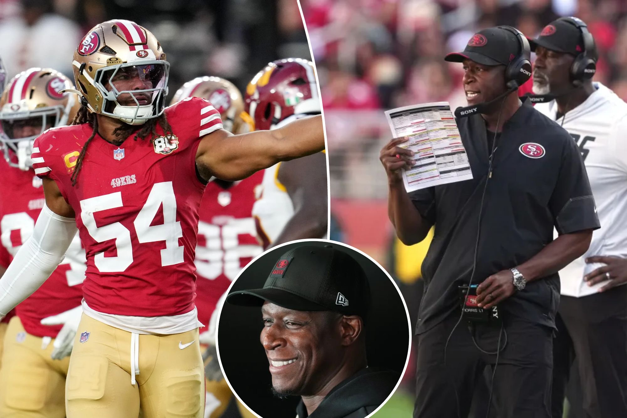 An image collage containing 3 images, Image 1 shows San Francisco 49ers linebacker Fred Warner (54) reacts after a play against the Washington Commanders, Image 2 shows San Francisco 49ers defensive coordinator Raheem Morris looks on during the fourth quarter of a game against the Arizona Cardinals, Image 3 shows San Francisco 49ers defensive coordinator Raheem Morris speaks to the media