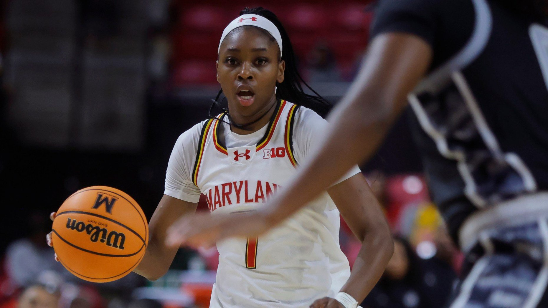Maryland guard Oluchi Okananwa, shown in a 2025 game, is one of the Terps' top returning players. (Mike Buscher/AP)