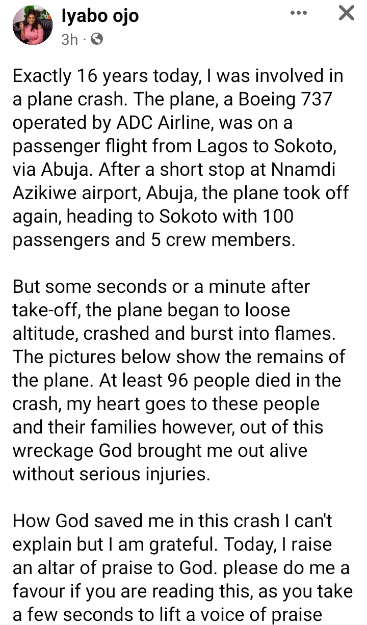Actress Iyabo Ojo remembers plane crash incident 16 years ago