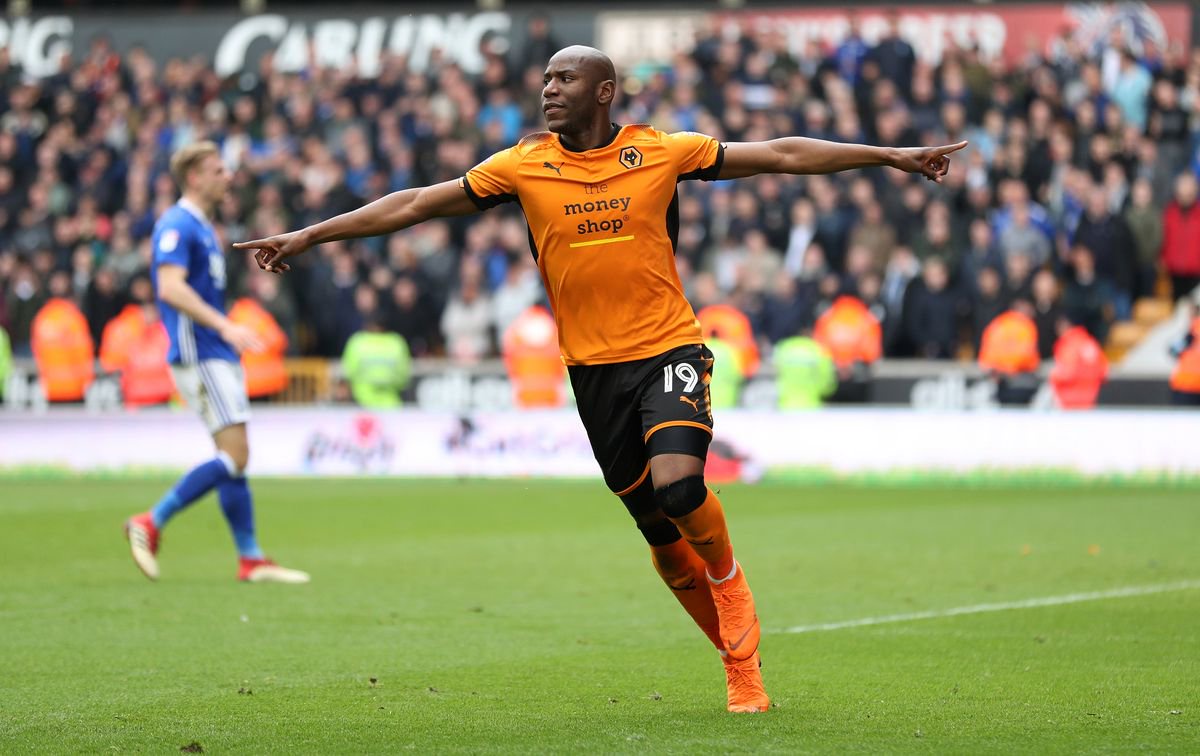 Benik Afobe of Wolverhampton Wanderers celebrates after scoring a goal to make it 2-0 during the Sky Bet Championship match between Wolverhampton Wanderers and Birmingham City