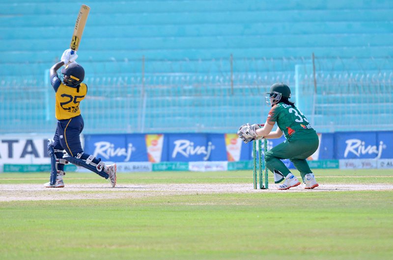 Players in action during the T20 tri-series final between Bangladesh Under-19 Women and Sri Lanka Under-19 Women at Iqbal Stadium.