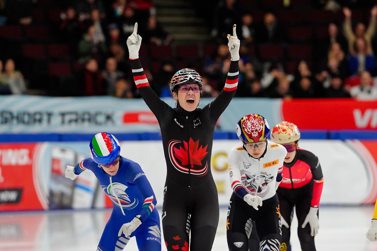 VANCOUVER, CANADA - OCTOBER 25: Courtney Sarault of Canada celebrates after winning the Women's 1500m during the ISU Short Track Speed Skating World Tour at Pacific Coliseum on October 25, 2026 in Vancouver, Canada. (Photo by Derek Cain - International Skating Union/International Skating Union via Getty Images)