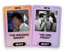 Cards featuring movie scenes: &quot;The Wedding Singer&quot; with Adam Sandler and &quot;His Girl Friday&quot; with Cary Grant and Rosalind Russell