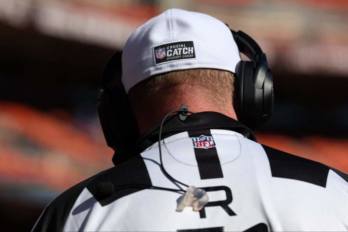 Oct 18, 2026; Cleveland, Ohio, USA; A detail view of the Crucial Catch patch on the hat of referee Carl Cheffers (51) in the first quarter between Baltimore Ravens and Cleveland Browns at Huntington Bank Field. © Scott Galvin-Imagn Images