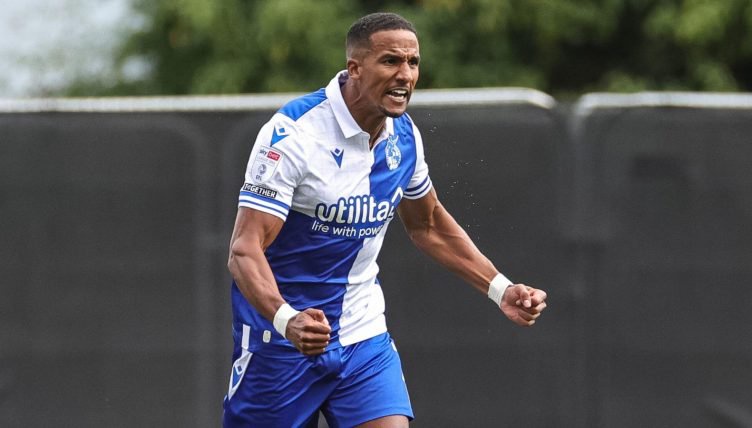 Scott Sinclair celebrates during the League One match between Bristol Rovers and Barnsley at Memorial Stadium, Bristol, August 2023.
