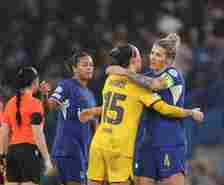 Lucy Bronze consoles her England team-mate and Chelsea captain Millie Bright following the final whistle