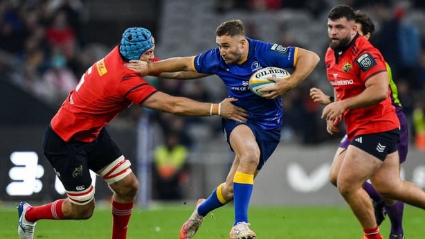 18 October 2025; Jordan Larmour of Leinster in action against Tadhg Beirne of Munster during the United Rugby Championship match between Leinster and Munster at Croke Park in Dublin. Photo by Brendan Moran/Sportsfile