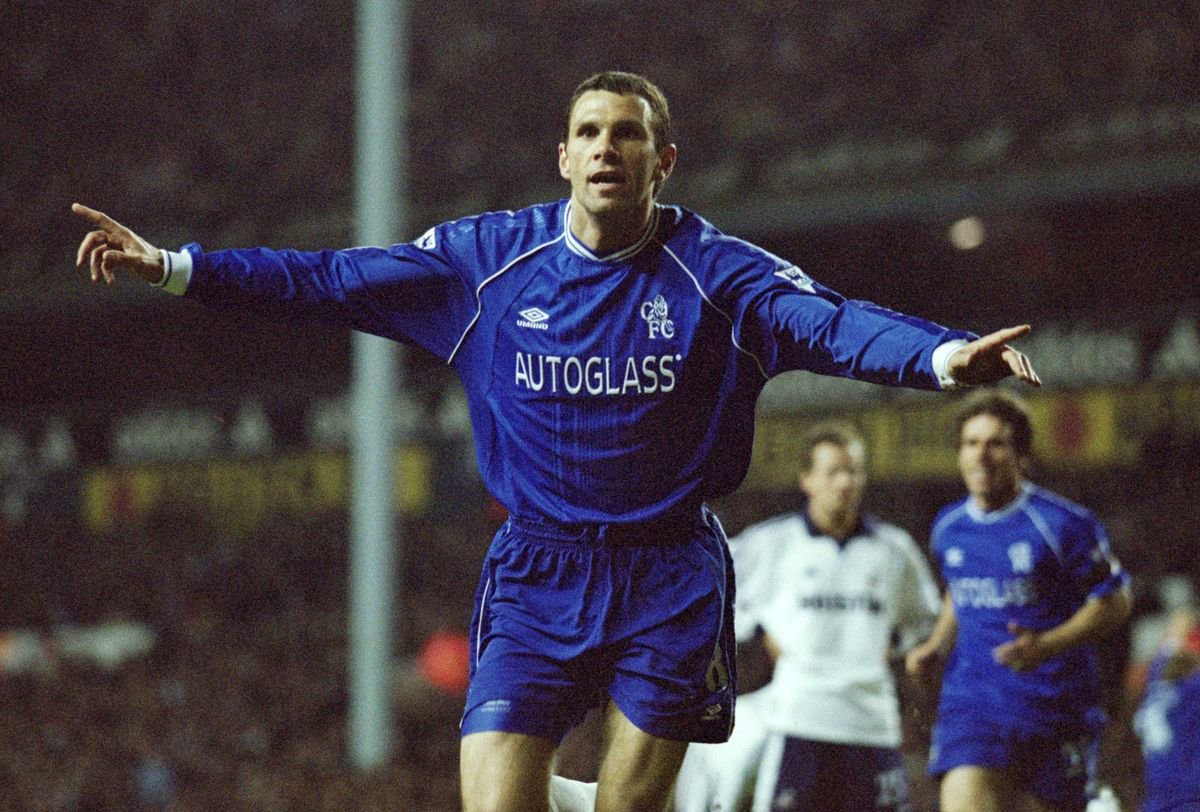 Gus Poyet celebrates scoring for Chelsea against Tottenham Hotspur