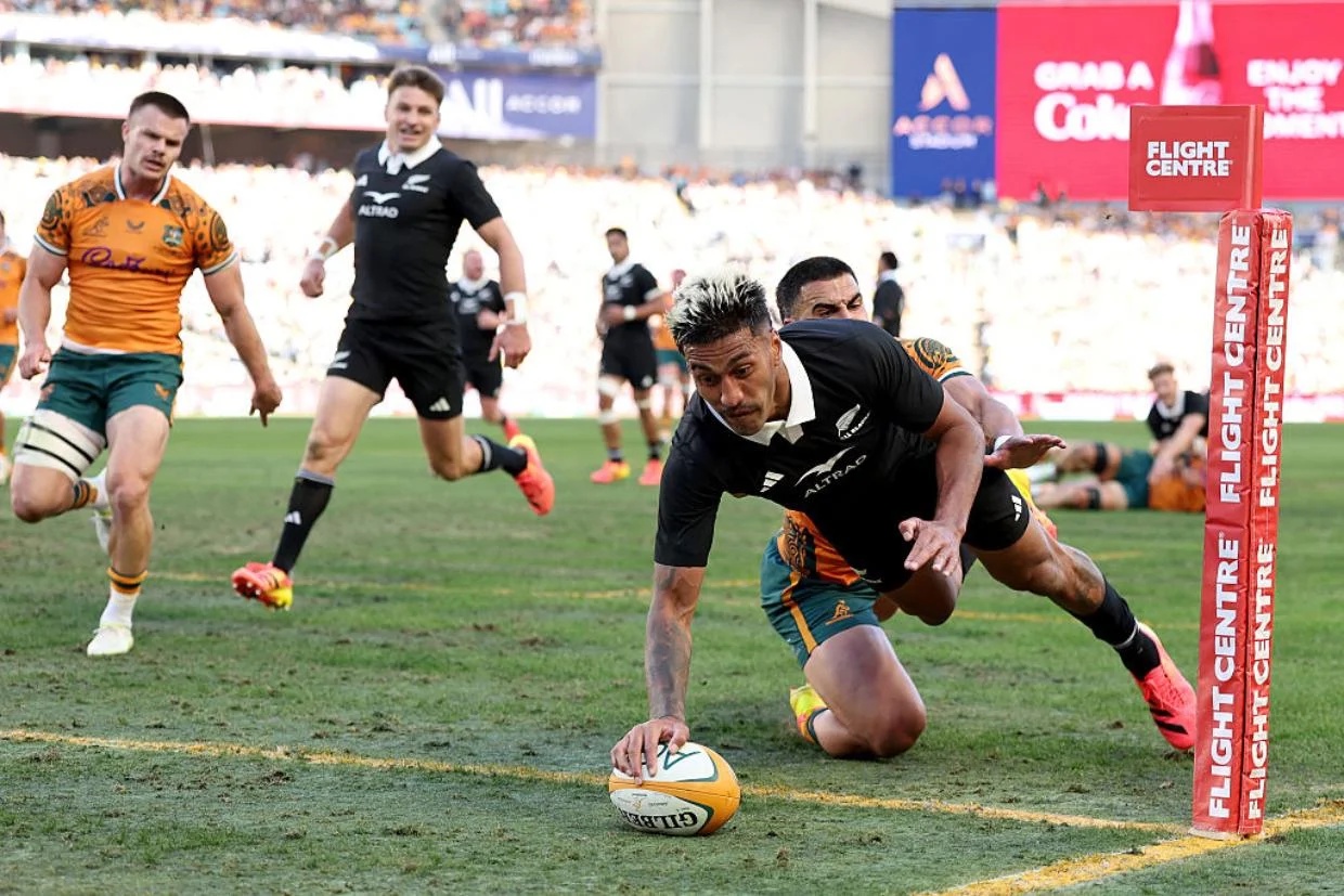 Rieko Ioane scores a try during the Rugby Championship and Bledisloe Cup match between the Wallabies and the All Blacks.