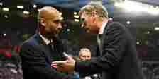 Pep Guardiola in discussion with Manchester United's David Moyes