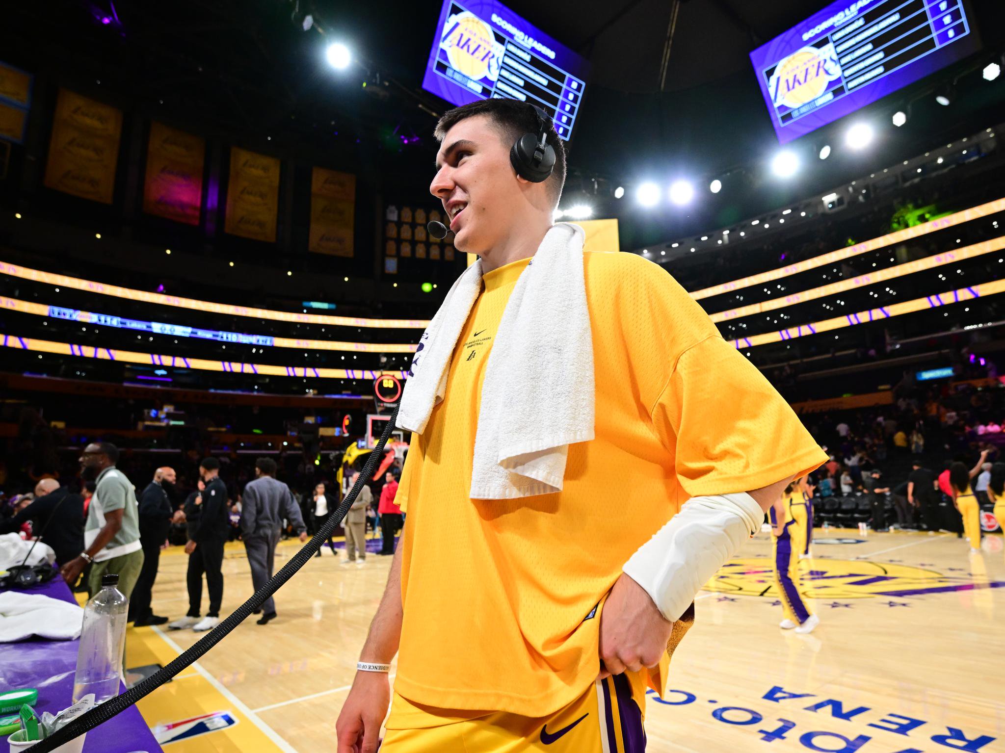 Jake LaRavia #12 of the Los Angeles Lakers talks to the media after a game against the Sacramento Kings on Thursday, October 8, 2026, at Crypto.com Arena in Los Angeles.