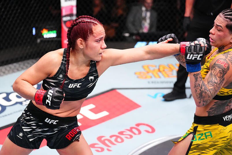 LAS VEGAS, NEVADA - AUGUST 02: (L-R) Piera Rodriguez of Venezuela punches Ketlen Souza of Brazil in a flyweight fight during the UFC Fight Night event at UFC APEX on August 02, 2025 in Las Vegas, Nevada. (Photo by Chris Unger/Zuffa LLC)