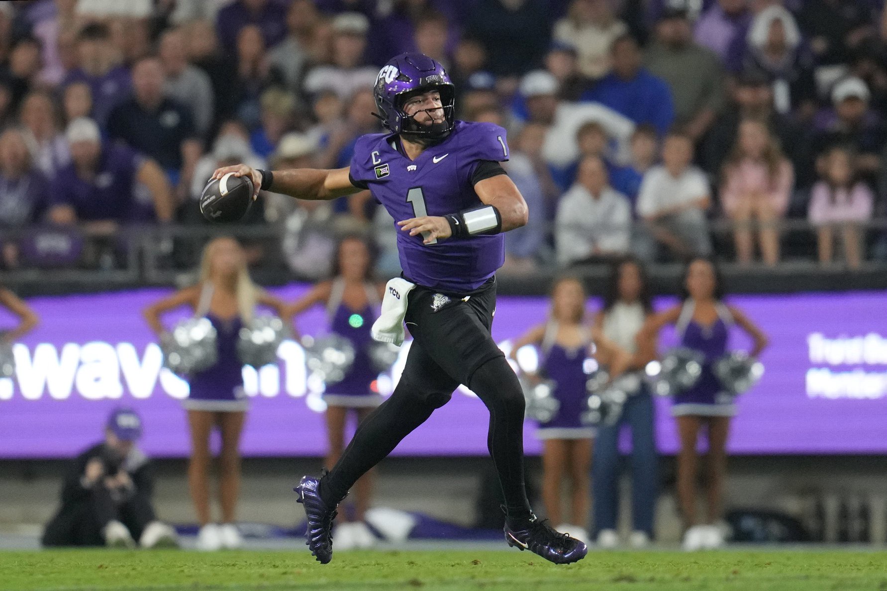 Oct 3, 2026; Fort Worth, Texas, USA;  TCU Horned Frogs quarterback Jaden Craig (1) looks to pass against the BYU Cougars during the first half at Amon G. Carter Stadium.  Mandatory Credit: Chris Jones-Imagn Images