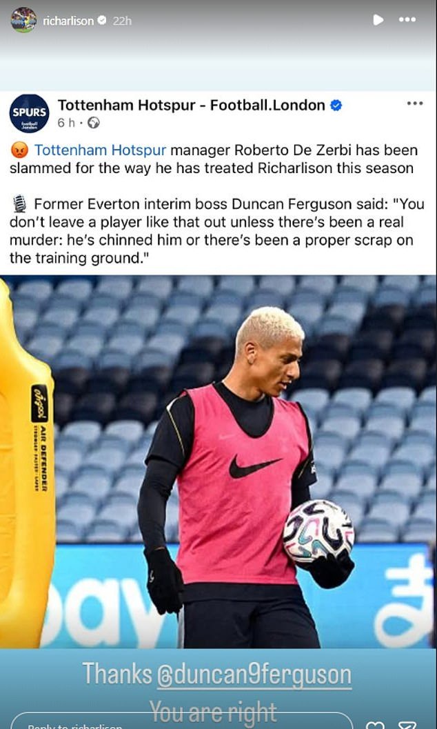 Richarlison shared a pointed social media post where he backed criticism of Roberto De Zerbi