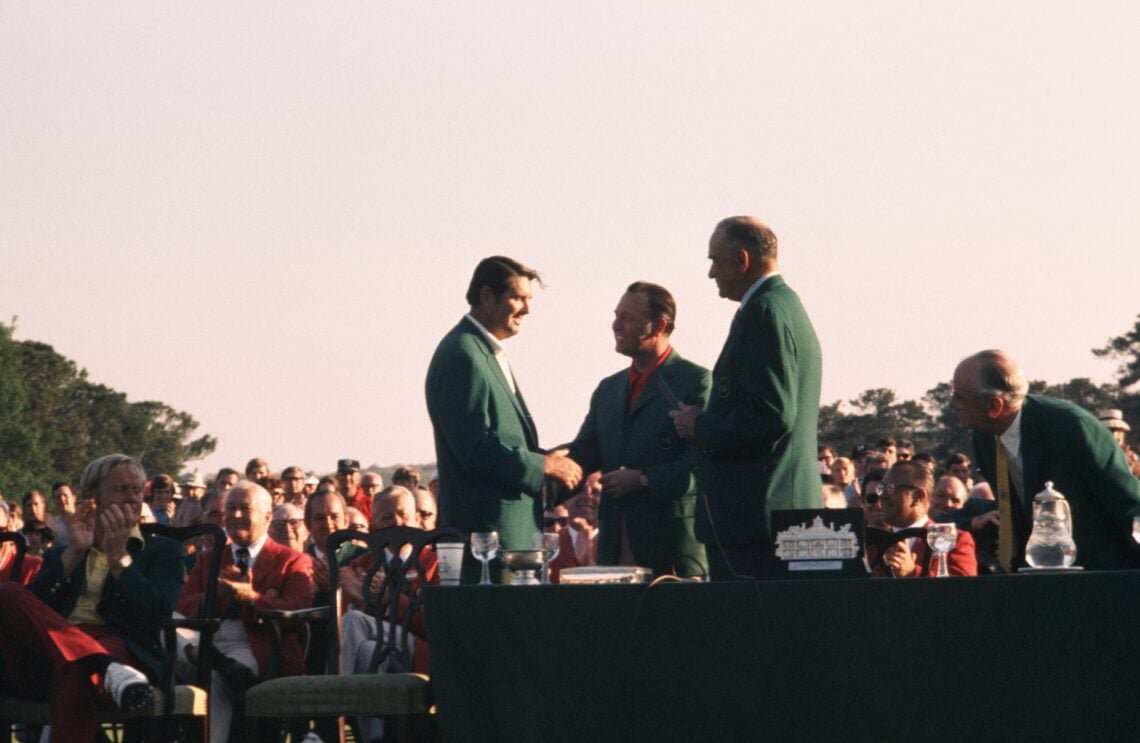 Charles Coody is presented with the Green Jacket after winning The Masters in 1971