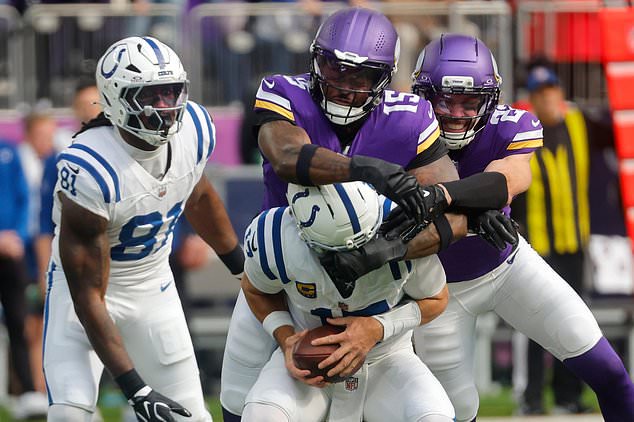 Indianapolis Colts quarterback Daniel Jones, bottom, is sacked by Minnesota Vikings linebacker Dallas Turner (15) during the first half of an NFL football game in Minneapolis, Sunday, Oct. 25, 2026. (AP Photo/Bruce Kluckhohn)
