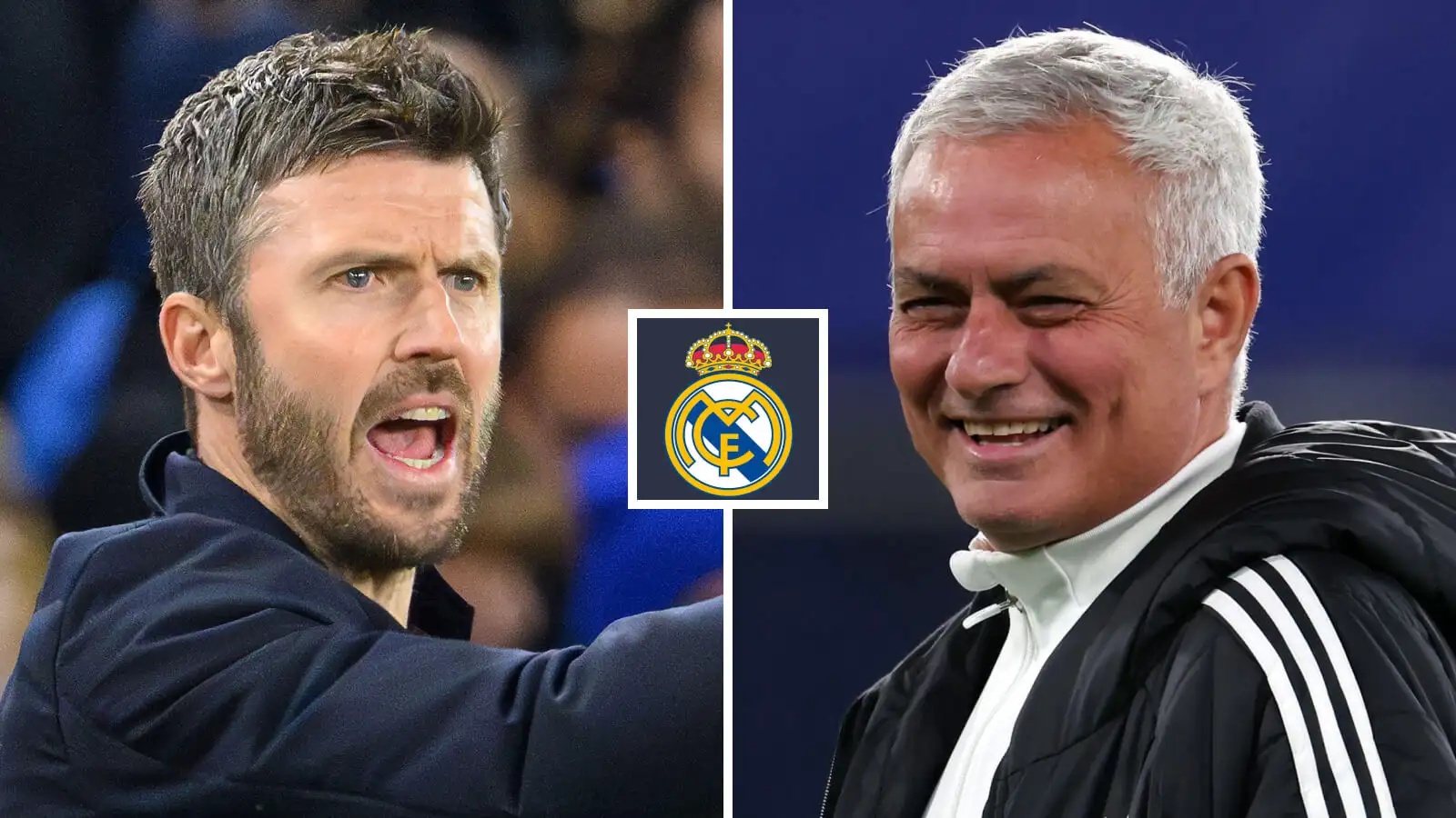 Split image of Manchester United interim manager Michael Carrick and Real Madrid-bound Jose Mourinho with the Real Madrid badge in between - copyright TEAMtalk