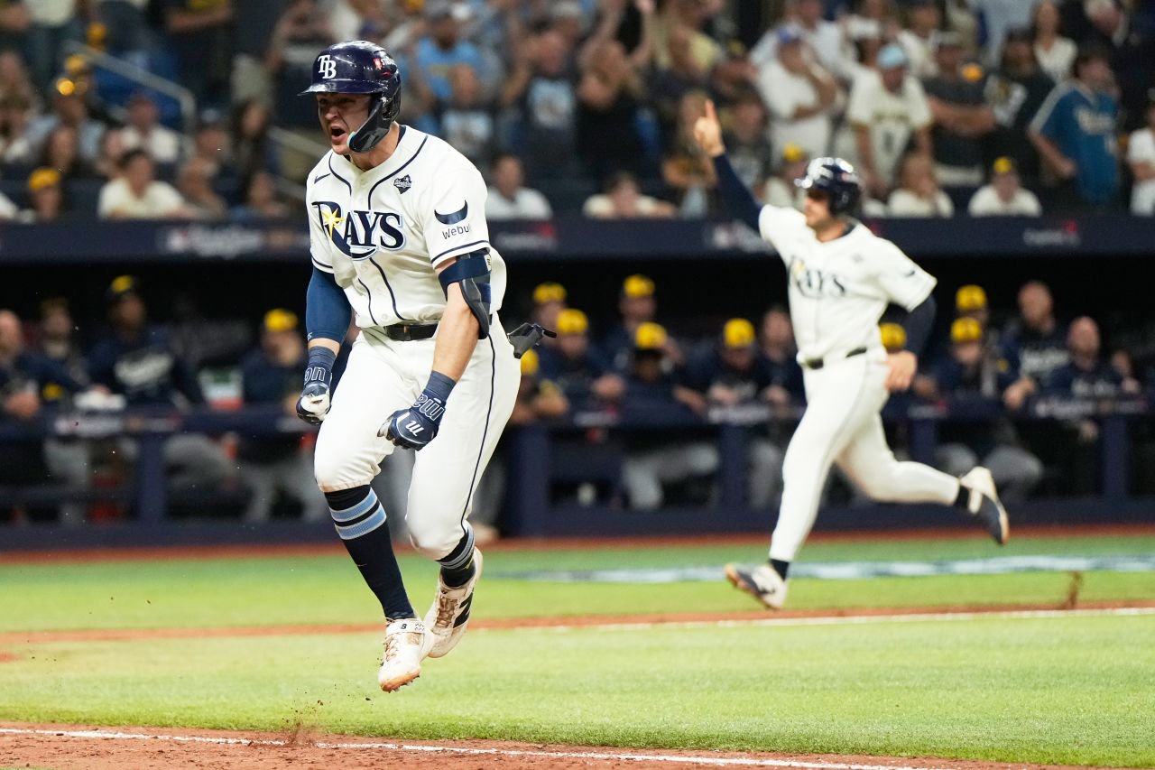 Tampa Bay's Ben Williamson celebrates his game-winning hit in the 12th inning.